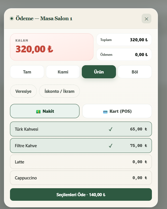 Ürün seçerek ödeme: türk kahvesi ve filtre kahve seçili, 140 lira