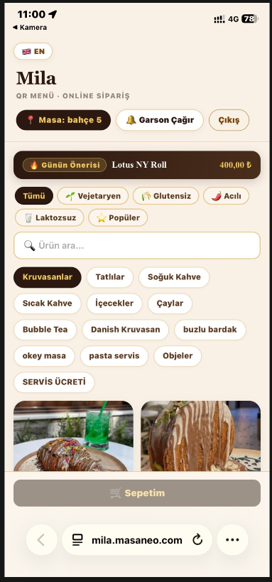 QR menü. Sepet o masaya yazılır